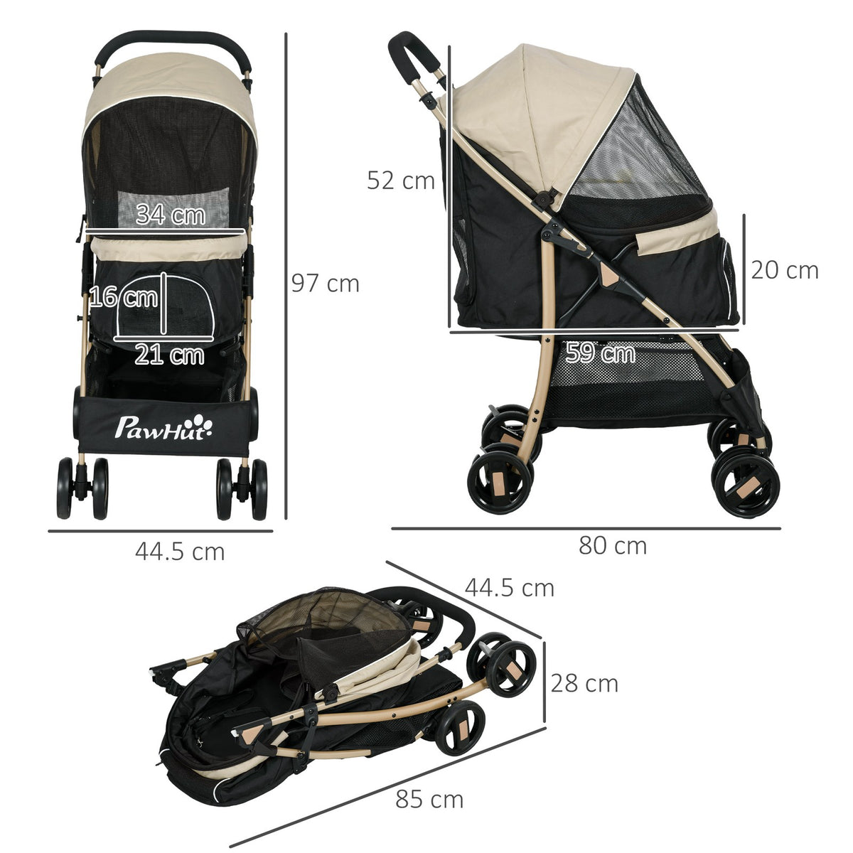 Pawhut Pet Stroller for XS and S Dogs W/ Rain Cover - Khaki