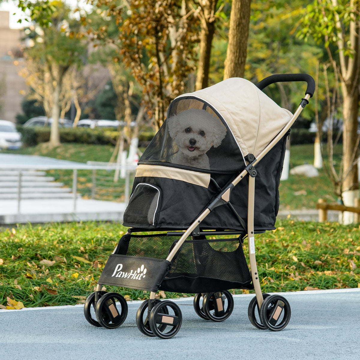 Pawhut Pet Stroller for XS and S Dogs W/ Rain Cover - Khaki