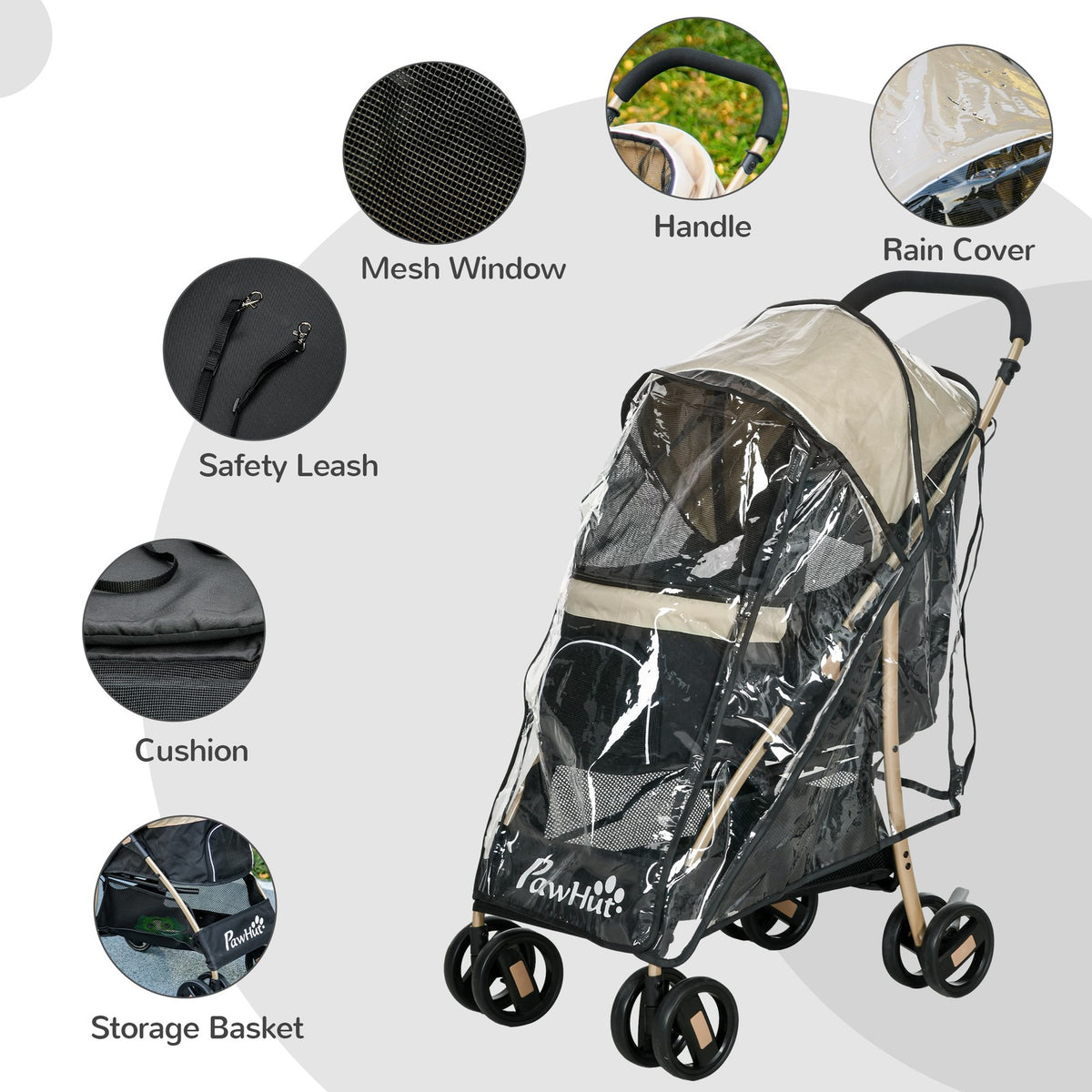 Pawhut Pet Stroller for XS and S Dogs W/ Rain Cover - Khaki