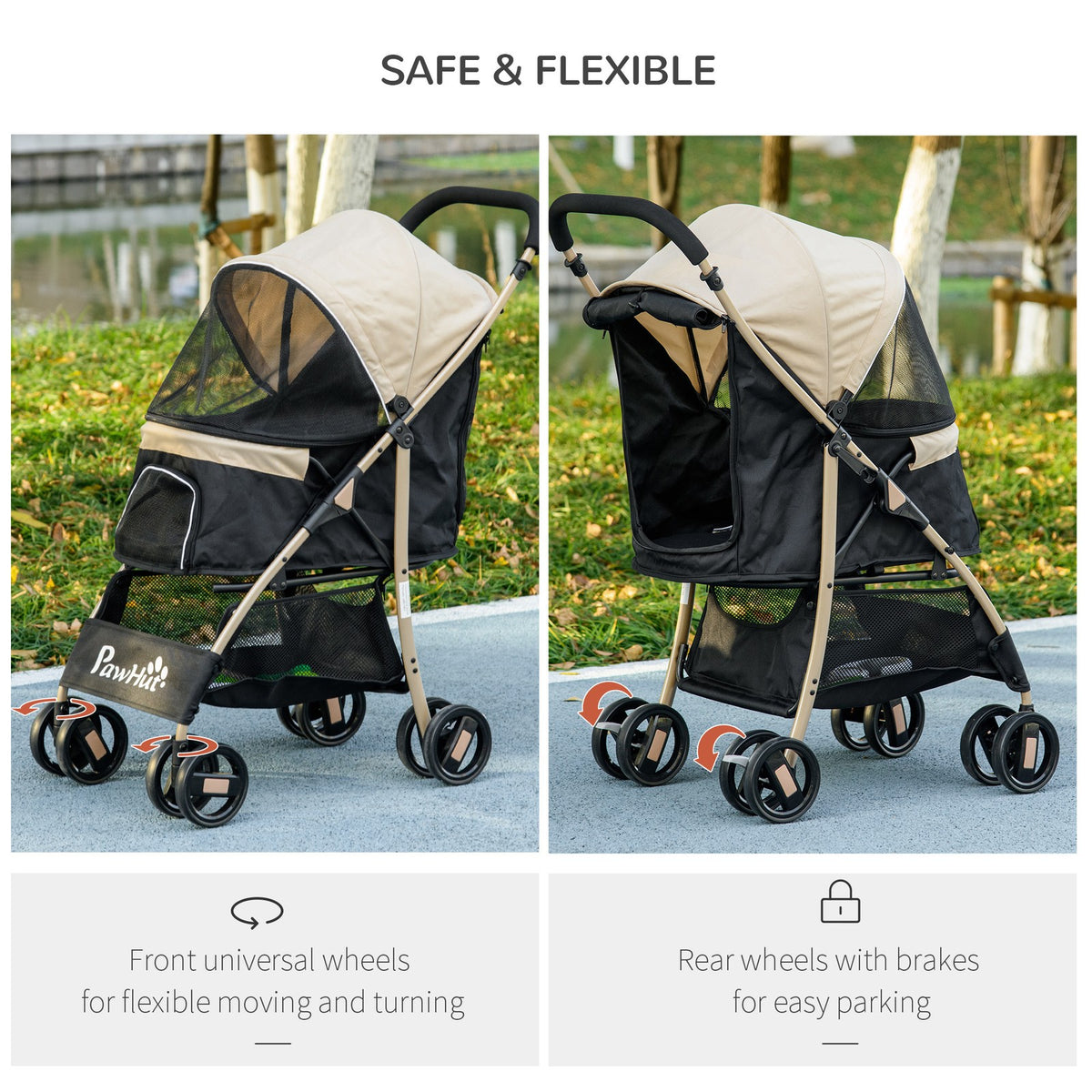 Pawhut Pet Stroller for XS and S Dogs W/ Rain Cover - Khaki